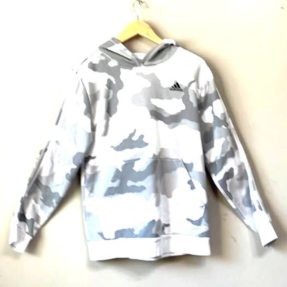 Adidas Camo Hoodie Youth XL 18/20 Grey White Fleece 3 Stripe Pullover Sweatshirt